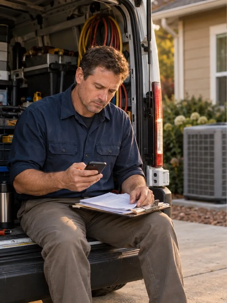 Illustrative photo of an HVAC company owner checking his phone at the back of his service van.